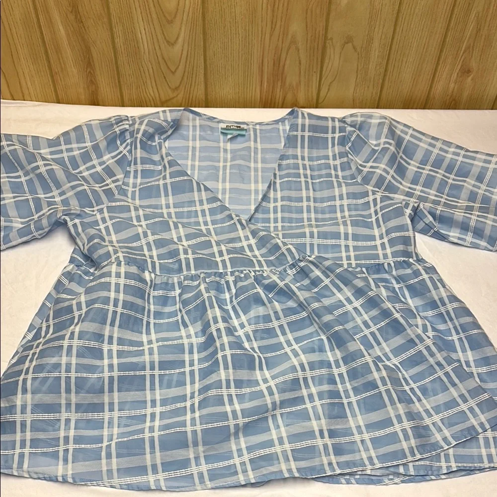 Blue Plaid V-Neck Blouse - Picture 4 of 6